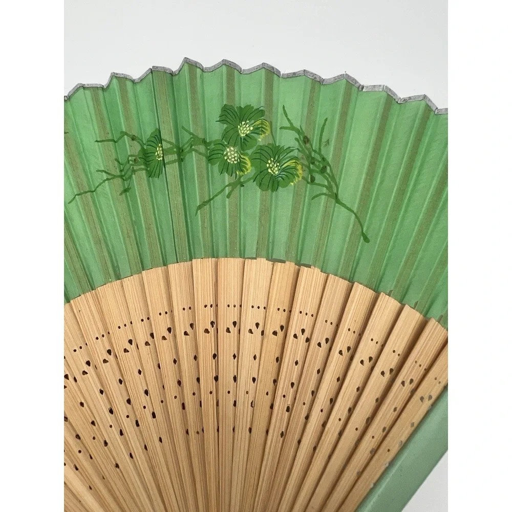 Vintage / Antique Paper & Wood Hand Floral Fan Green